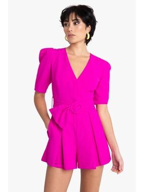 NEW Black Halo Maricopa Puff Sleeve Belted Romper in Vibrant Pink Women's Sz 10